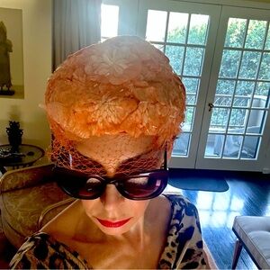 Vtg Orange Floral Hat with Veil